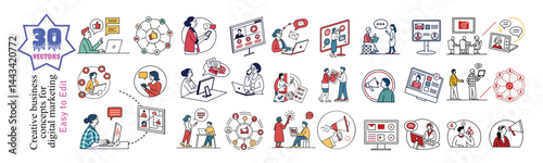 Digital Communication Icons: Vector Set for Social Media, Messaging & Online Networking, Icon set of communication concept in a variety of digital and social interactions. This set includes scenes