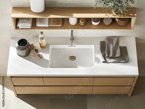 Overhead view of a modern bathroom sink with wooden cabinetry and a minimalist design featuring a white countertop and natural textures.