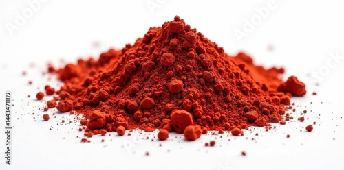 Mounded red clay powder, fine texture, stark white backdrop, reddish-brown, pigment, powder