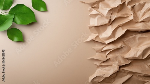 Obraz na płótnie Exploration of beige recycled paperboard texture alongside fresh green leaves in an eco-friendly setting w salonie