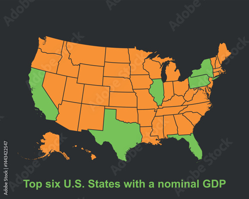 Top six U.S. States with a nominal GDP. United States economy map vector illustration.