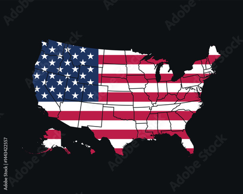 Map of the USA in the colors of the national flag vector illustration isolated on black background.