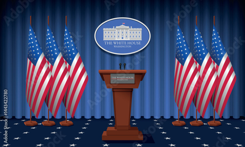 Podium speaker tribune with USA flags and sign of White House vector illustration.