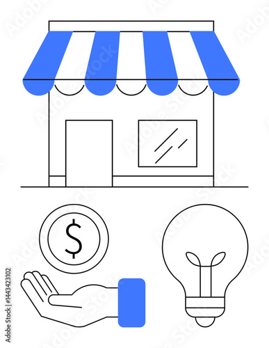 Storefront with blue awning, coin in hand for investment, and light bulb symbolizing innovation. Ideal for business, startup, entrepreneurship, finance, investment, strategy simple landing page