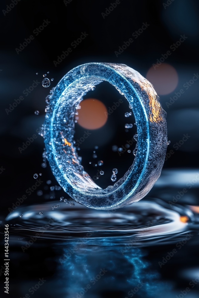 Mystical blue neon ring creating reflections on dark water in a surreal and futuristic environment