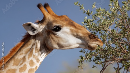 Giraffe Eating Leaves in African Savanna