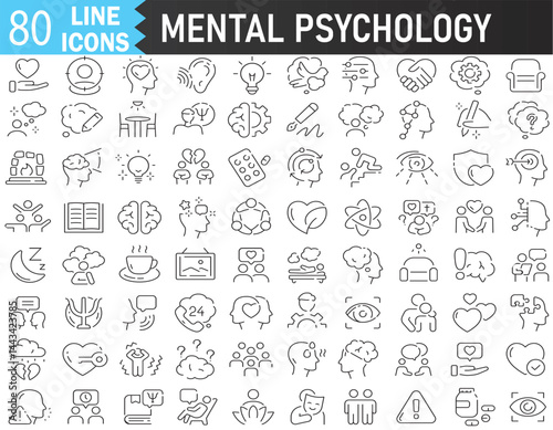 Mental and psychology line icons collection. Big UI icon set in a flat design. Editable Vector stroke pictograms. illustration EPS10