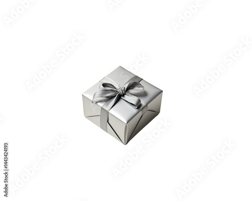 Elevated View of Silver Gift Box with Ribbon Tie, A Minimalist Celebration of Giving, Festivity, and Sophistication for Special Occasions