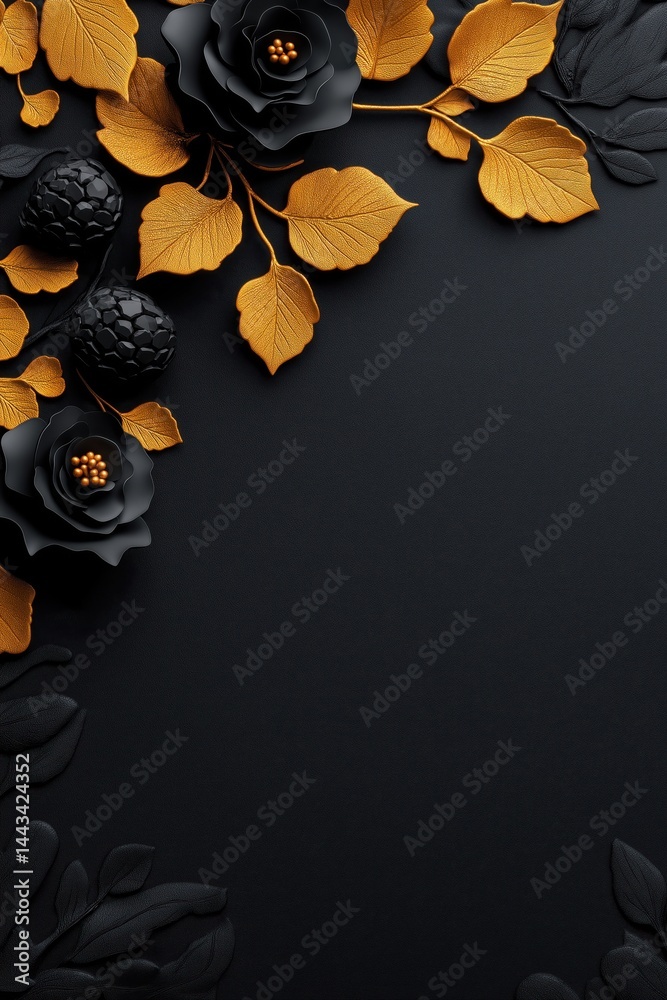 Luxurious floral gold foil pattern with delicate embossed golden leaf texture on a dark background creating an elegant design