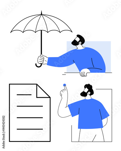 Man with umbrella depicts security, paper icon conveys documentation, and figure with coin emphasizes choices and investments. Ideal for insurance, financial advice, planning, decision-making