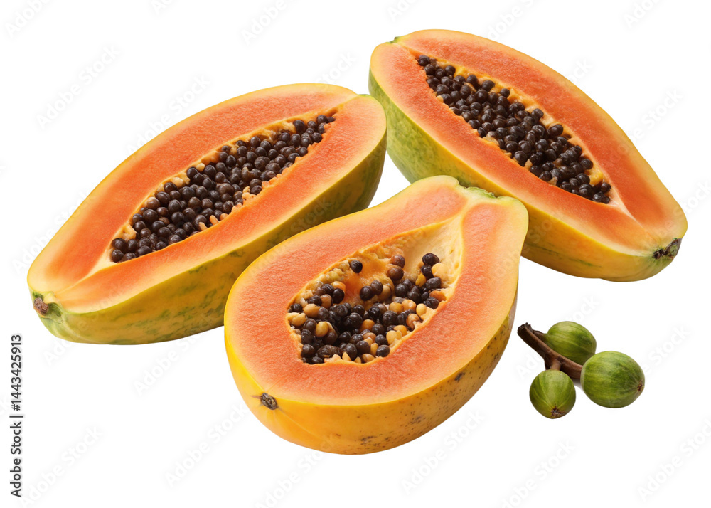 three halved ripe papayas with black seeds and small green fruits on a white background three halved ripe papayas with black seeds and small green fruits on a white background