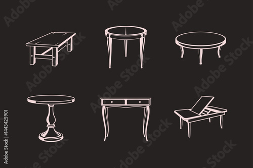 Collection of furniture illustrations featuring tables side tables and vintage desks on a black backdrop