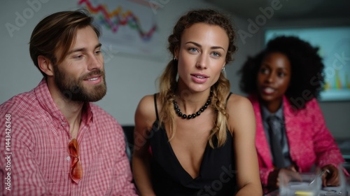 Diverse Group of Three Businesspeople Engaged in Office Meeting or Discussion in Modern Workspace photo