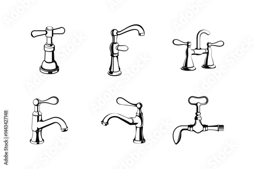 Illustration of six diverse black and white classic vintage faucet designs
