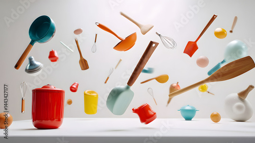 Whimsical Kitchen Utensil: Colorful kitchen tools float in a dynamic display, capturing the essence of culinary creativity and playfulness, ideal for food-related projects and imaginative content.