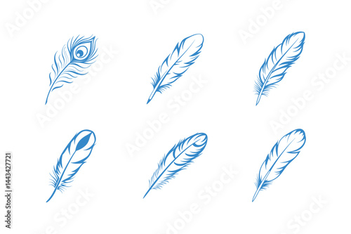 Blue feather collection elegant line art vector illustration on white background