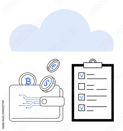 Digital wallet storing cryptocurrency coins with a checklist beside and a cloud above. Ideal for fintech, cryptocurrency, cloud storage, digital transactions, blockchain, data security, and simple