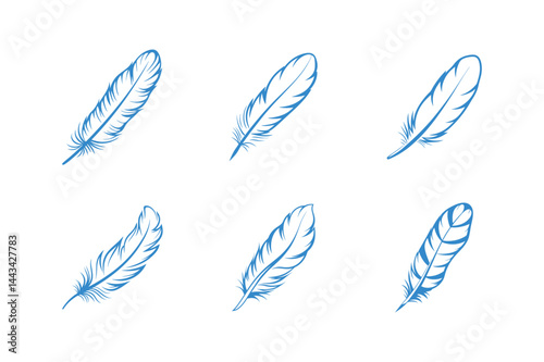 Set of six blue feather illustrations on white background for creative design