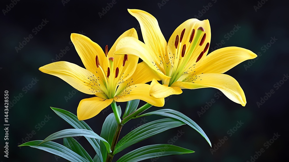 Obraz premium Two vibrant yellow lilies with speckled interiors and green leaves against a dark backdrop
