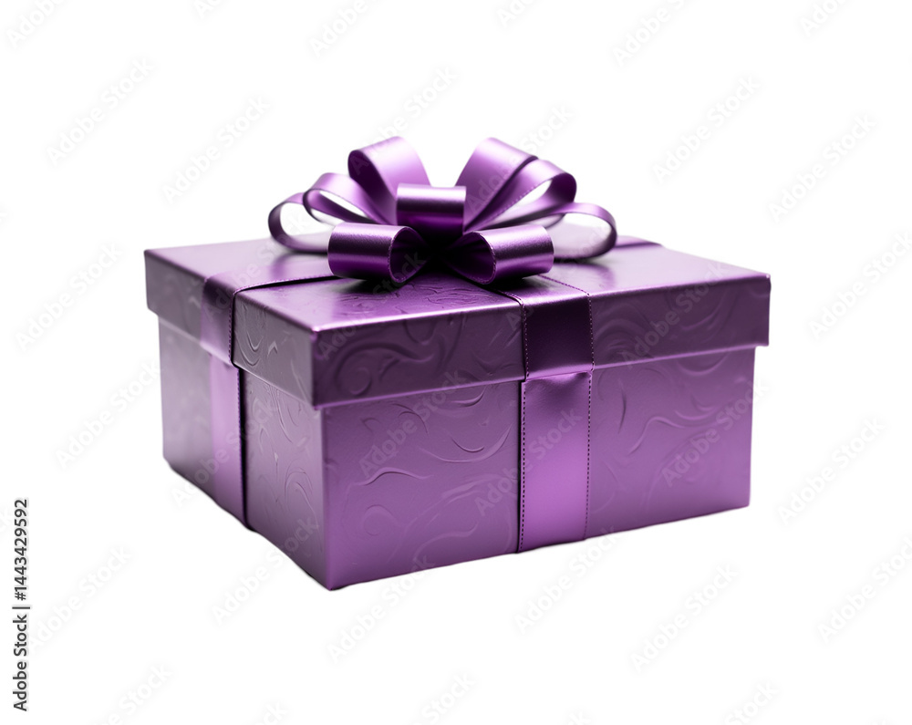 Fototapeta premium Exquisite Deep Purple Gift Box with Reflective Surface and Decorative Bow, Ideal for Celebrations, Holidays, and Luxury Gift-Giving Occasions, High Resolution Image