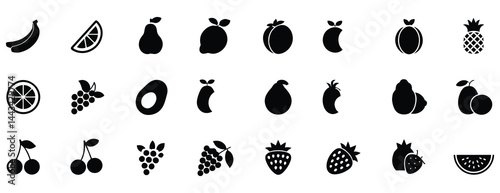 Fruits and berries icon set. Vector glyph of apples, pineapples, coconuts, bananas, oranges, lemons, grapes, cherries, and strawberries in black and silhouette. Healthy, fresh, organic nutrition.