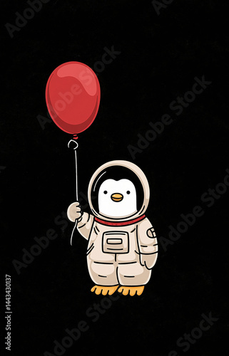 Penguin astronaut floating in zero gravity holding a balloon cute space explorer.