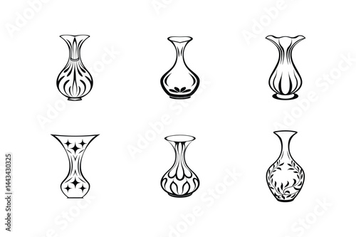Collection of six elegant flower vase designs in black and white vector