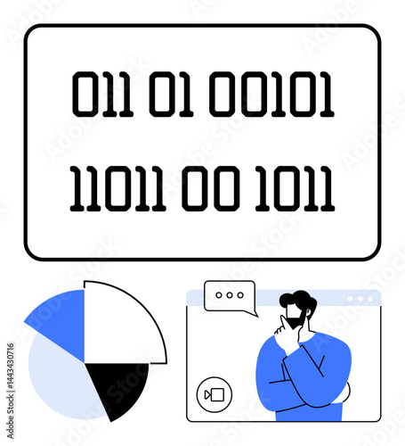 Binary code above pie chart and person on video call. Ideal for technology, data analysis, communication, coding, digital transformation, programming, education. Flat simple metaphor