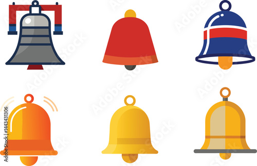 Collection of various style colorful bell icons on white background vector graphic