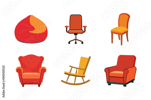Vector illustration set of diverse chairs including office beanbag and rocking chair