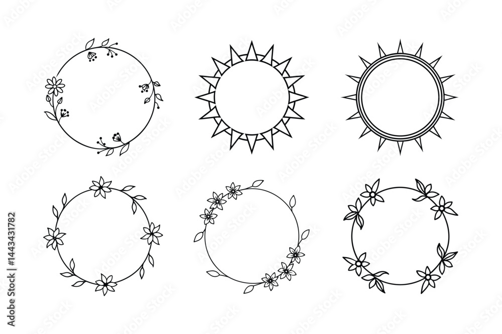 Fototapeta premium Collection of floral frames and sun circle vectors in minimalist style