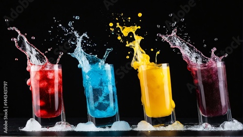 A Vibrant Array of Colorful Drinks Splashing with Energy, Set Against a Dramatic Dark Backdrop, Illustrating Refreshment