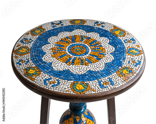 Exquisite Tiled Mosaic Table with Plain Isolated Background, Displaying Intricate Floral Pattern and Vibrant Colors in a Captivating Artistic Composition