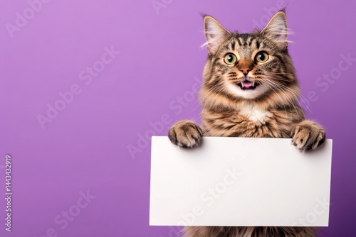 Cute poster mockup shot. Ð¡ute adult cat norwegian forest hold in front paws a concept - large white way sign. Cat-themed mockup. Isolated cat on a solid clothing purple background.