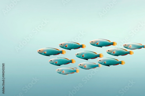 School of colorful tropical fish swimming in clear blue water, symbolizing unity, harmony and marine biodiversity in a minimalist underwater scene photo