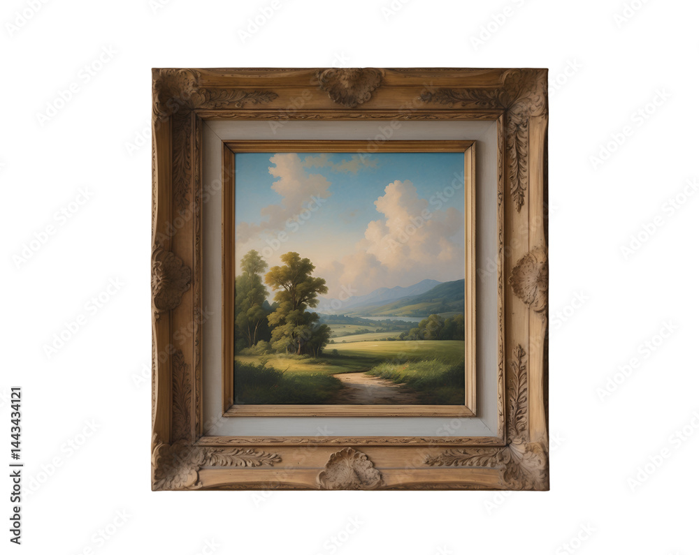 Framed Landscape Painting Showcasing Serene Natural Beauty with Lush Green Fields, Distant Mountains, and a Clear Sky with Fluffy Clouds in Artistic Style