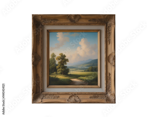 Obraz na płótnie Framed Landscape Painting Showcasing Serene Natural Beauty with Lush Green Fields, Distant Mountains, and a Clear Sky with Fluffy Clouds in Artistic Style w salonie