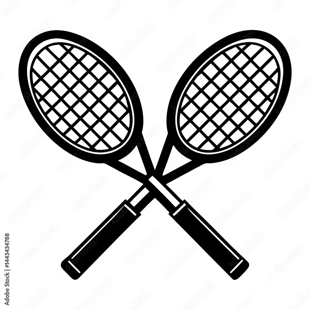 Minimalist silhouette of two crossed tennis rackets isolated on a white background Minimalist silhouette of two crossed tennis rackets isolated on a white background
