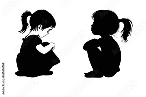 Two girls sitting facing each other in black and white illustration