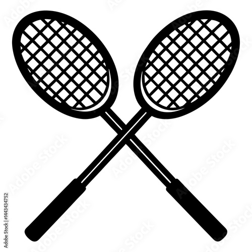 Minimalist silhouette of two crossed tennis rackets isolated on a white background
