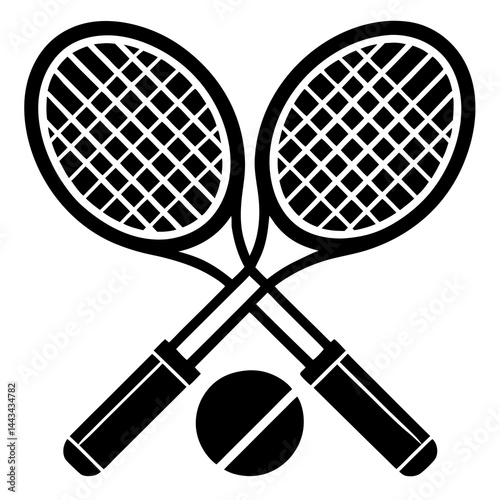 Minimalist silhouette of two crossed tennis rackets isolated on a white background