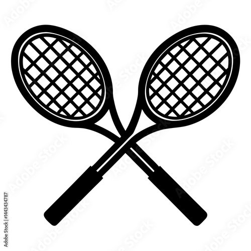 Minimalist silhouette of two crossed tennis rackets isolated on a white background