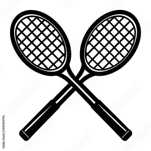 Minimalist silhouette of two crossed tennis rackets isolated on a white background