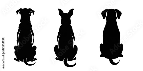 Three silhouettes of dogs sitting with their backs facing the viewer
