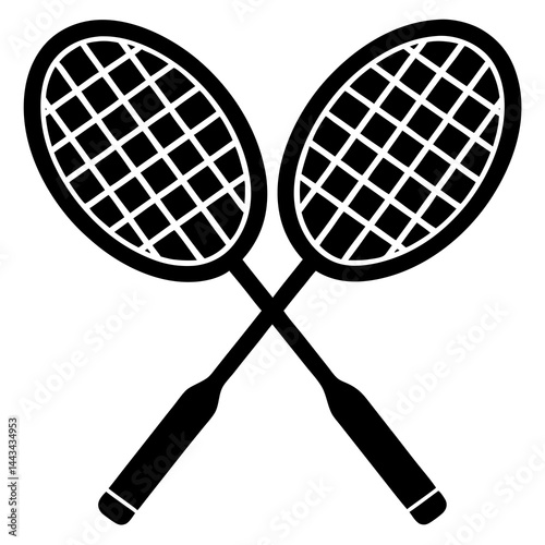 Minimalist silhouette of two crossed tennis rackets isolated on a white background