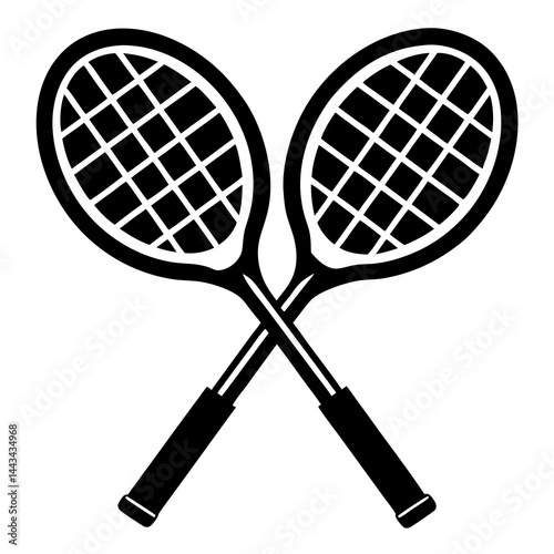Minimalist silhouette of two crossed tennis rackets isolated on a white background