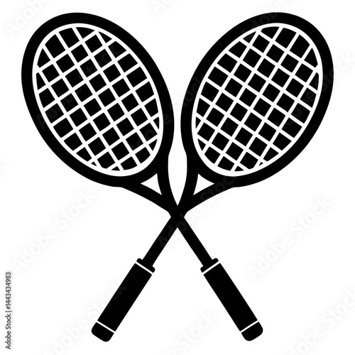 Minimalist silhouette of two crossed tennis rackets isolated on a white background