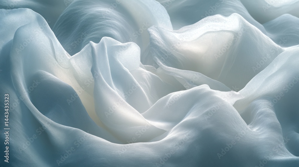 Obraz premium Delicate, flowing fabric in soft, light gray-white hues. Dynamic folds and ripples create a sense of movement and elegance