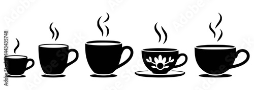 Steaming coffee cups in black silhouette