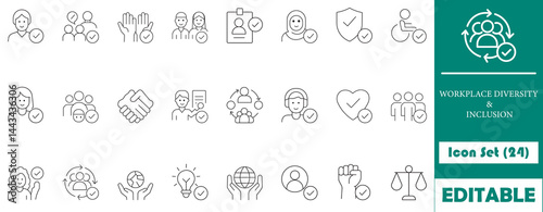 24 minimalist line icons representing workplace diversity and inclusion. Includes icons for teamwork, equality, gender, disability, and more. Ideal for business, HR, and diversity projects.